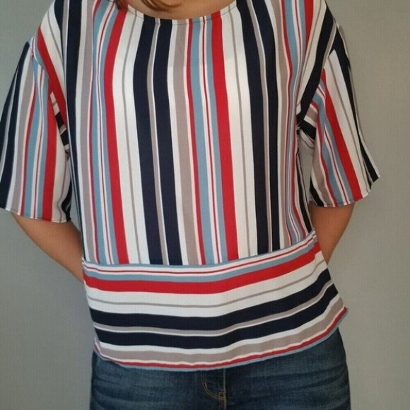 W5 Anthropologie Red White Blue Tan Striped Blouse Women's Size Small - Picture 5 of 12